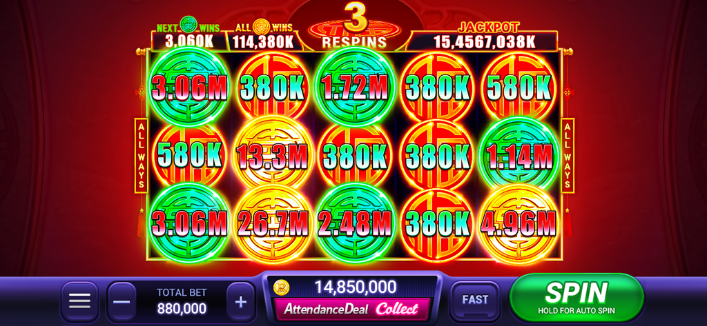 Gameplay screenshot of Rock N' Cash Casino showing a slot machine with large jackpot amounts