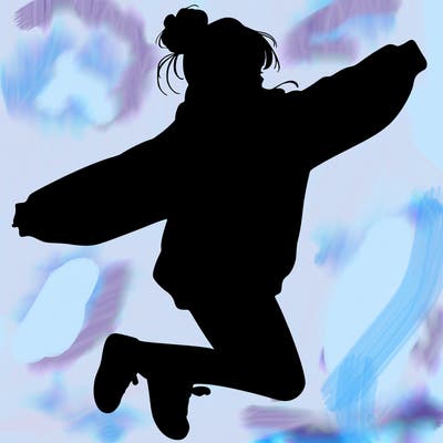 realistic girl jumping with a bun and oversized sweatshirt