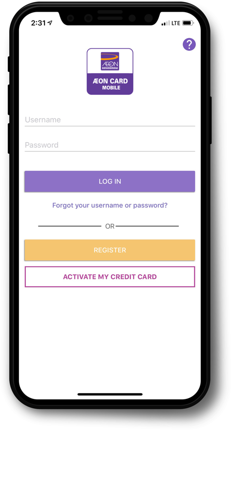 Schermata di accesso dell'app AEON CARD MOBILE con campi per nome utente e password e opzioni di registrazione.