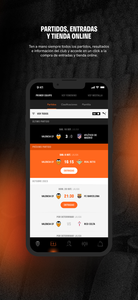 Valencia CF official app displaying match results, upcoming fixtures, and ticket options.