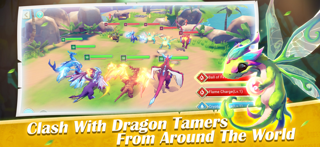 Dragon Tamer: Genesis - A strategic dragon battle scene showing multiple creatures and special abilities in a tropical arena