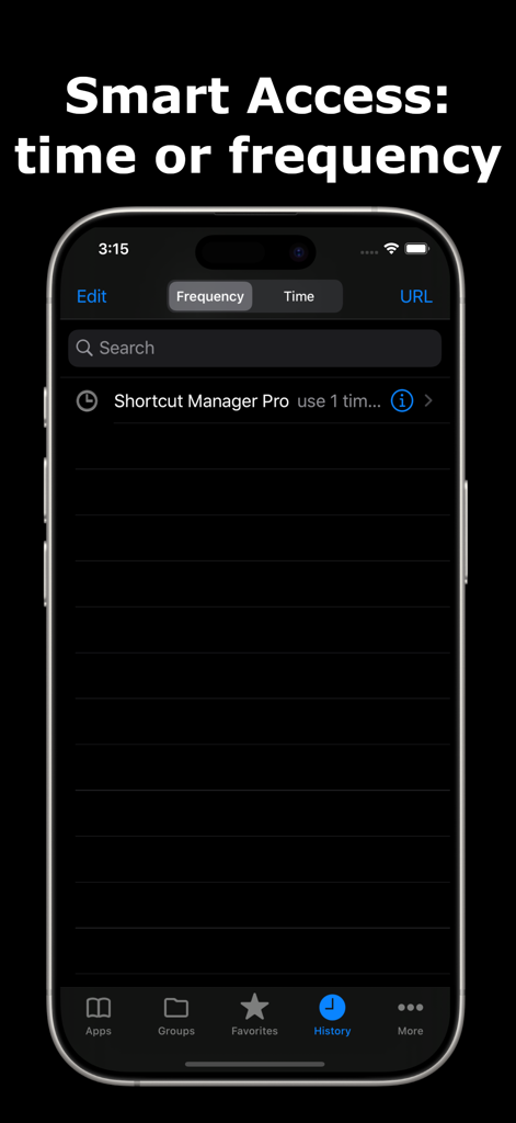 Shortcut Manager Pro app screen showing shortcut usage history with frequency and time sorting
