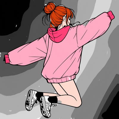 realistic girl jumping with a bun and oversized sweatshirt
