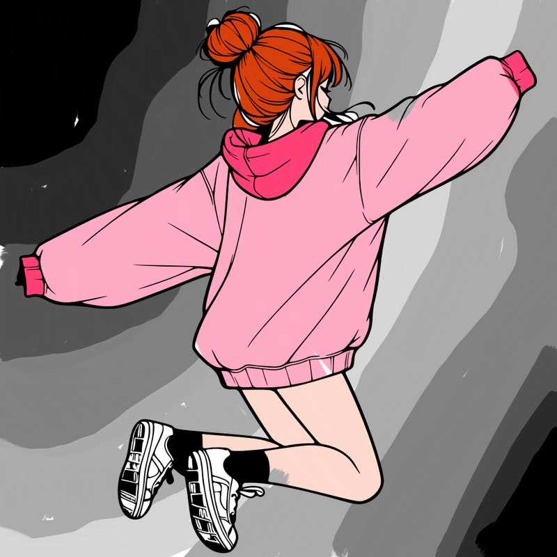 realistic girl jumping with a bun and oversized sweatshirt