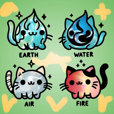 4 cats that represent the different elements, earth, water, air, and fire