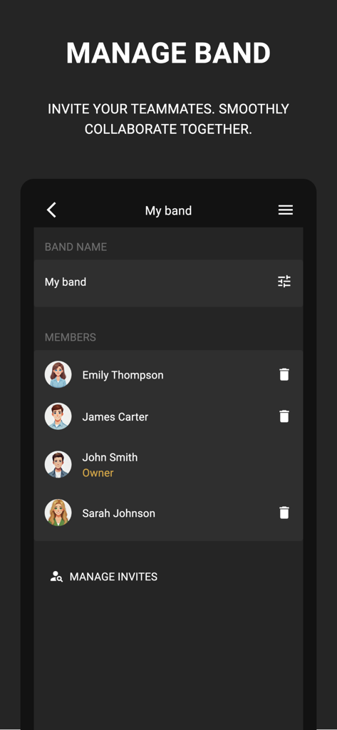 Bandfix: Songbook & Setlists - Band management screen showing a list of members and invitation options for band collaboration.