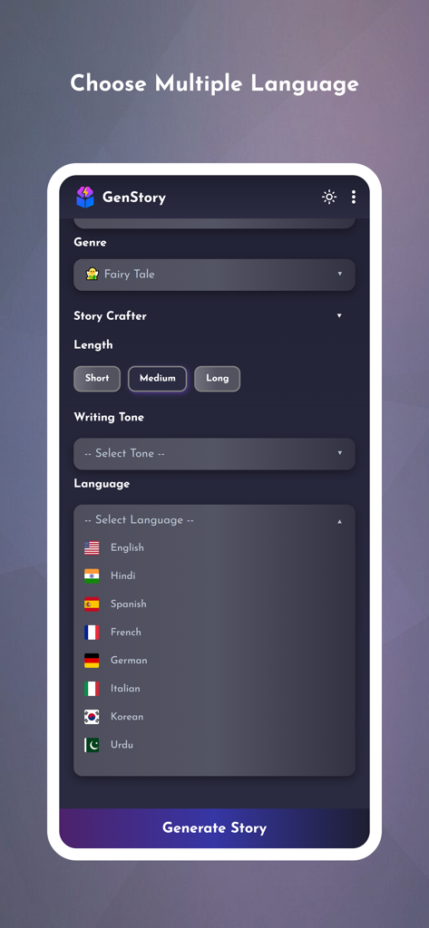 GenStory: AI Story Creator - Interface do aplicativo GenStory exibindo opções de duração e idioma da história