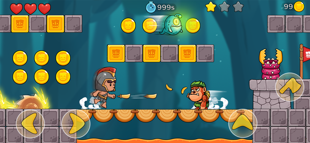 Jungle Adventure: Tribe Boy - Captura de tela da jogabilidade de Jungle Adventure Tribe Boy mostrando o personagem herói atacando um monstro em um cenário de selva.