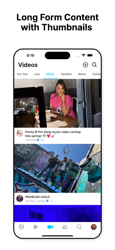 Trinity Social - Trinity Social mobile app long form video feed with creator thumbnails and music category selected