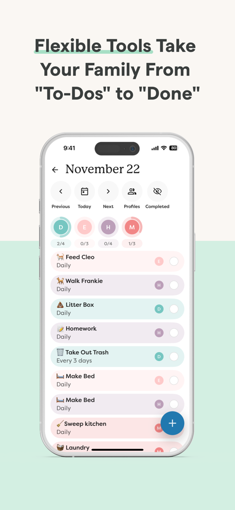 Interfaz de la App Skylight que muestra una lista de tareas familiares con tareas diarias del hogar y asignaciones de miembros.