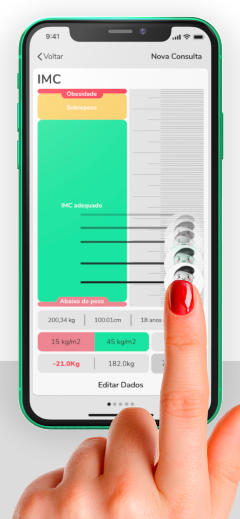 Graphi - Uma pessoa usando o aplicativo Graphi para rastrear o IMC de uma criança em um gráfico de crescimento codificado por cores.