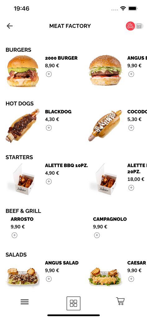 Menu dell'app Zangaloro con hamburger gourmet, hot dog e antipasti