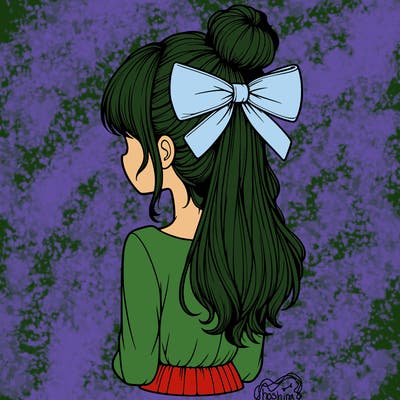 realistic girl  with hip length hair a bun and a big bow on the back of head