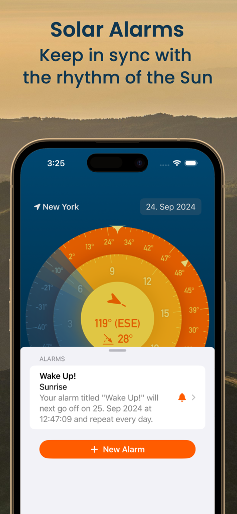 Smartphone screen showing solar alarms and sunrise tracking in the SolarWatch app
