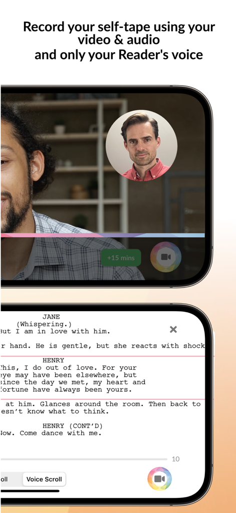 WeAudition app interface showing a split screen with a video call for self-tape recording and a digital script with a scrolling feature.