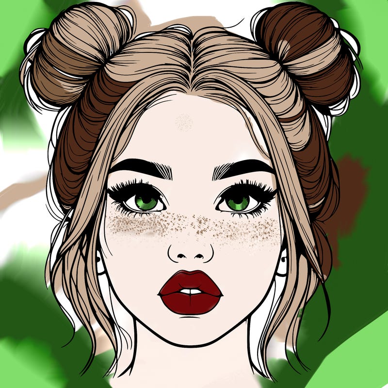 realistic girl with two buns on her hair and lips