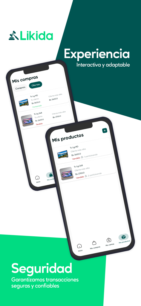 Likida - Likida mobile app interface showing purchase history and product listings for an auction marketplace