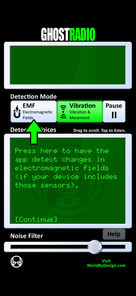GhostRadio - Interfaccia dell'app GhostRadio che mostra la modalità di rilevamento dei campi elettromagnetici EMF e le impostazioni del filtro del rumore