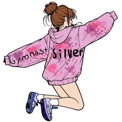 realistic girl jumping with a bun and oversized sweatshirt