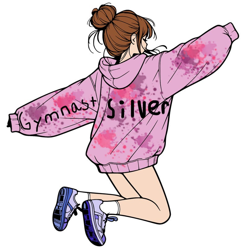 realistic girl jumping with a bun and oversized sweatshirt