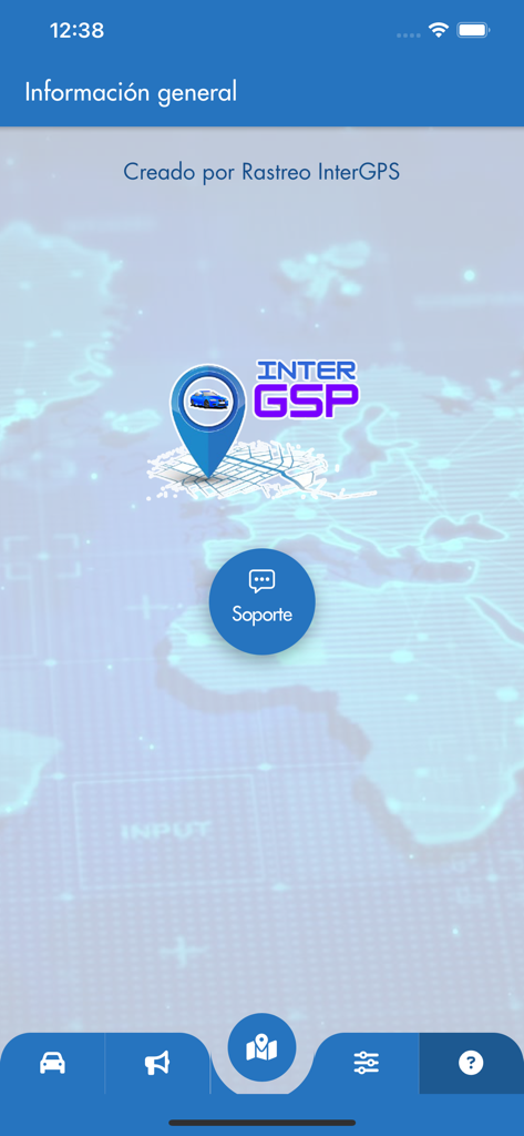 Pantalla de información general de la aplicación Rastreo InterGPS que muestra un botón de soporte y el logo de la empresa sobre un fondo de mapa del mundo.