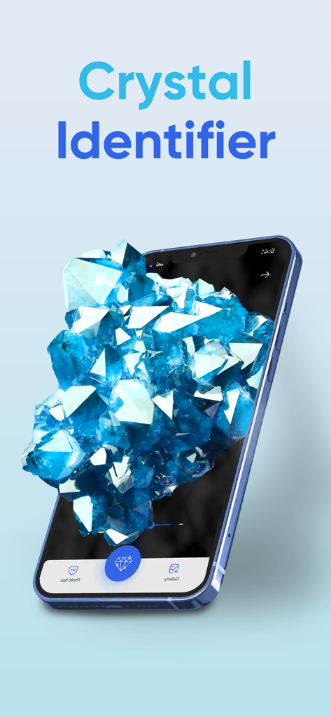 Rock Identifier: Id by Photo - A smartphone screen displaying the Rock Identifier app with a large blue crystal cluster and the text Crystal Identifier.