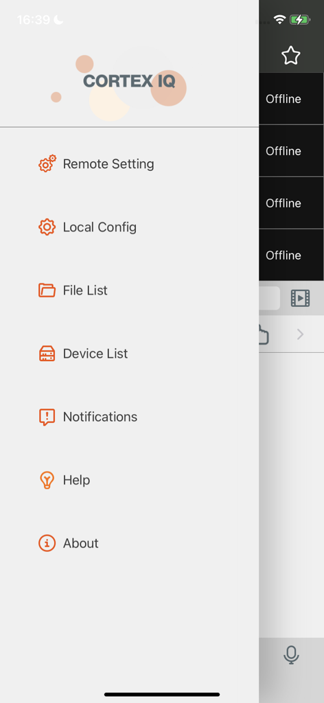 Navigation menu of CORTEX IQ surveillance app with settings and device management options