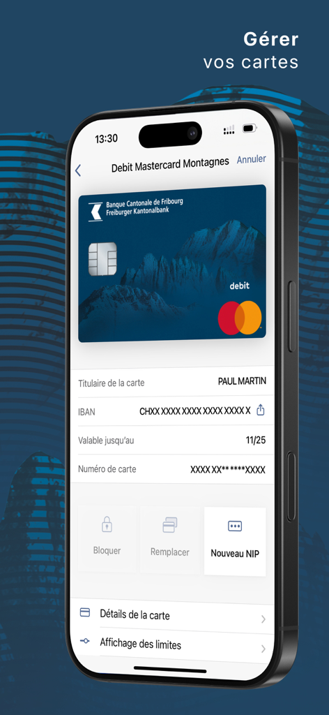 BCF Banking app interface showing debit card management options on an iPhone