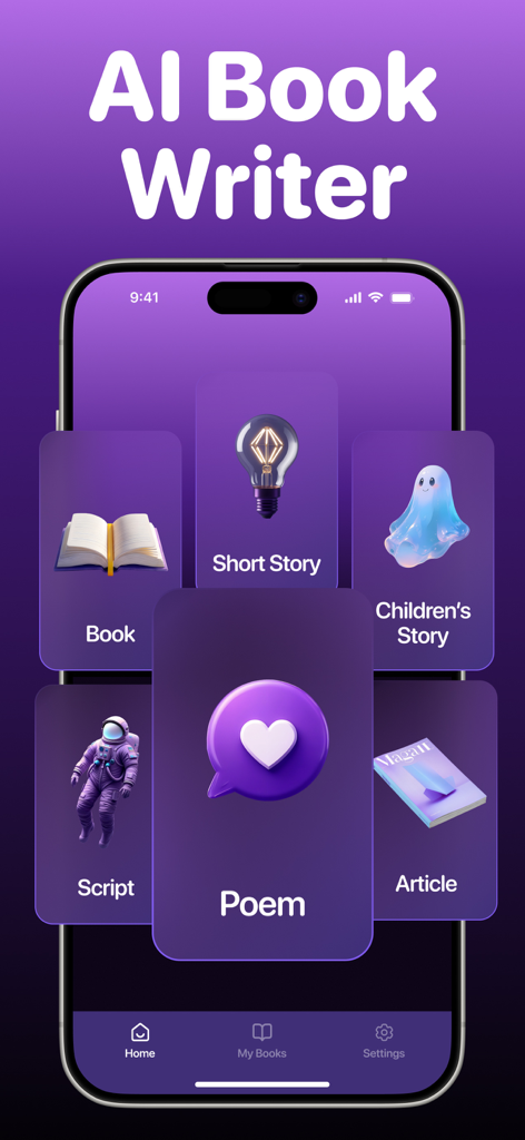 Book creator story generator - Interfaz de la aplicación AI Book Creator con opciones de escritura para historias, guiones y poemas