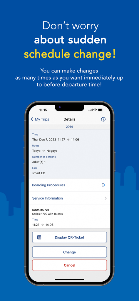 Shinkansen smartEX app interface displaying train trip details and ticket change options