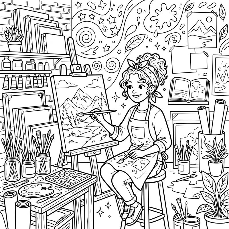 Step into an inspiring artist's studio with this detailed coloring page, featuring a dedicated artist creating a beautiful landscape. This intricate design is perfect for art lovers and aspiring painters looking for a relaxing and creative coloring experience.