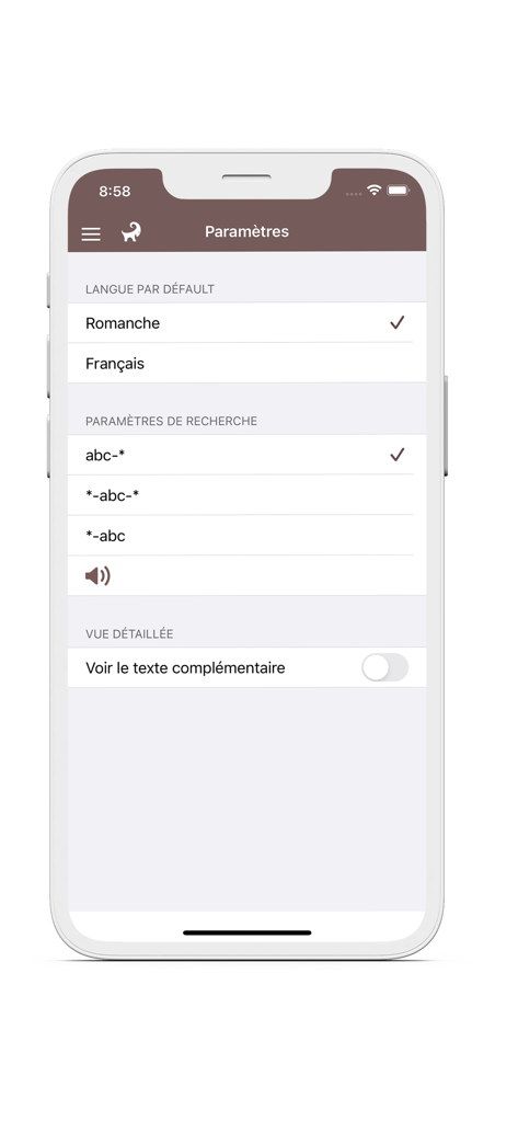 Interface des paramètres de l'application de dictionnaire romanche-français montrant les préférences de langue et de recherche.