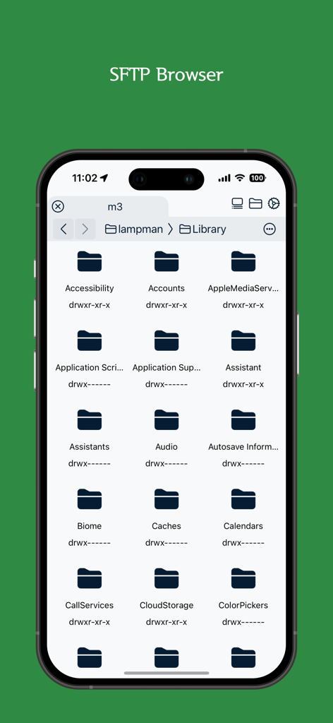 Xany app interface showing the SFTP browser with a list of system folders and file permissions on an iPhone