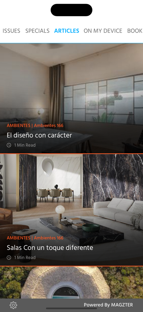 Ambientes - Sección de artículos de la aplicación Ambientes que muestra historias de revistas de diseño de interiores de lujo y arquitectura.