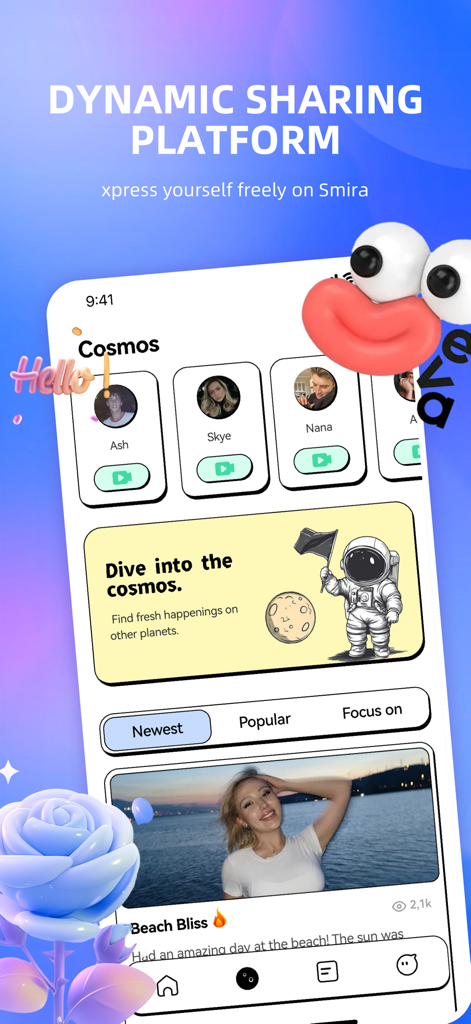 Smira app interface showing the dynamic sharing platform with user profiles and a social feed post