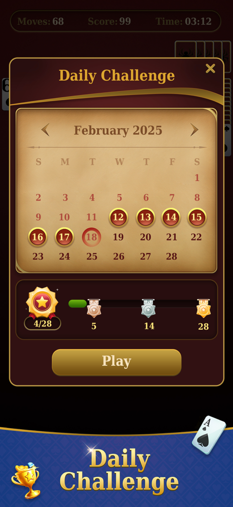 Spider Solitaire-Puzzle trip - Pantalla de desafío diario de la aplicación Spider Solitaire con un calendario de febrero y recompensas de medallas
