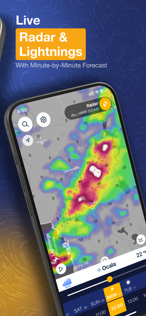 Ventusky: Weather & Live Radar - Ventusky app interface displaying live weather radar and lightning strike data on a high-resolution interactive map
