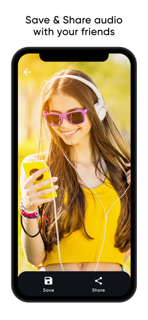 A young woman wearing headphones and sunglasses smiling while using the audio extractor app to save and share audio files