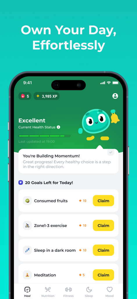 Hea! - Health Companion - Hea Health Companion app interface showing daily habit goals and tracking mascot