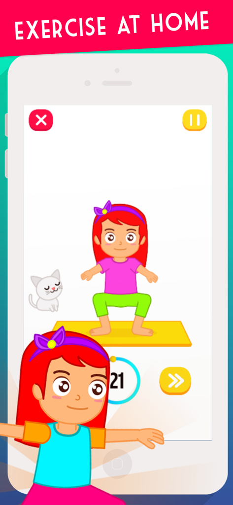 Kids Exercise : Kids Workout - 子供向けエクササイズアプリのカラフルなインターフェース画面。自宅でスクワットをするキャラクターの漫画。