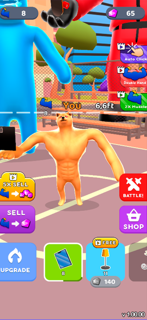 Workout Lifting: Strong Hero - A muscular Doge character standing in a gym arena within the Workout Lifting Strong Hero mobile game