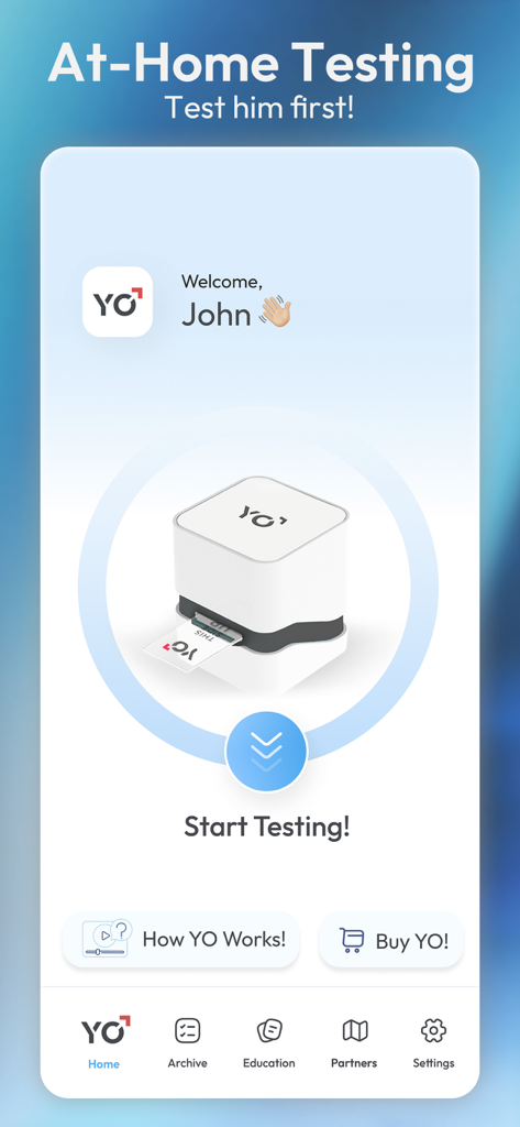 YO Home Sperm Test - YO Home Sperm Test app home screen showing the start testing option and device illustration