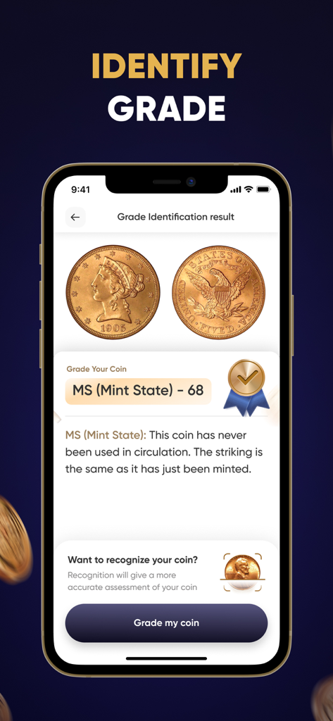 Smartphone screen displaying the CoinScan app grading result for a 1905 US gold coin as Mint State 68.