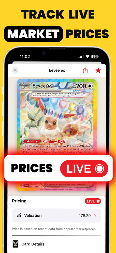 Écran d'application mobile montrant la valeur marchande en temps réel pour une rare carte Pokémon Eevee ex