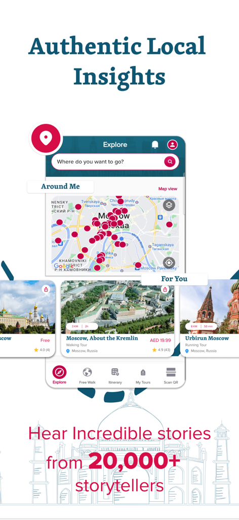 Interfaz de la aplicación izi.TRAVEL que muestra un mapa de tours de la ciudad e historias locales auténticas de miles de narradores.