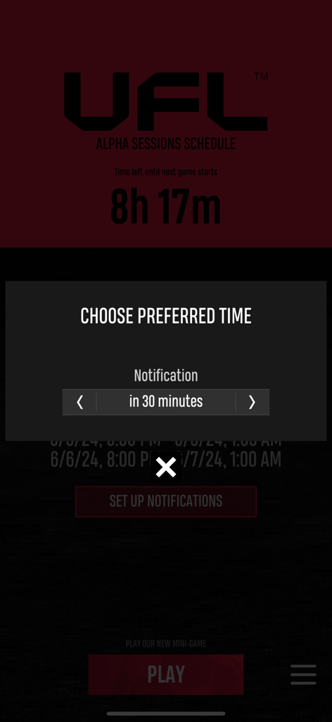 UFL - UFL app screen for choosing alpha session notification times