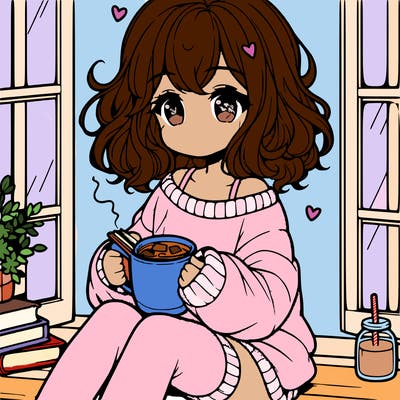 cute anime girl reading book and drinking hot chocolate from mug with loose wavy hair wearing a baggy sweatshirt and shorts sitting by windowsill looking out
