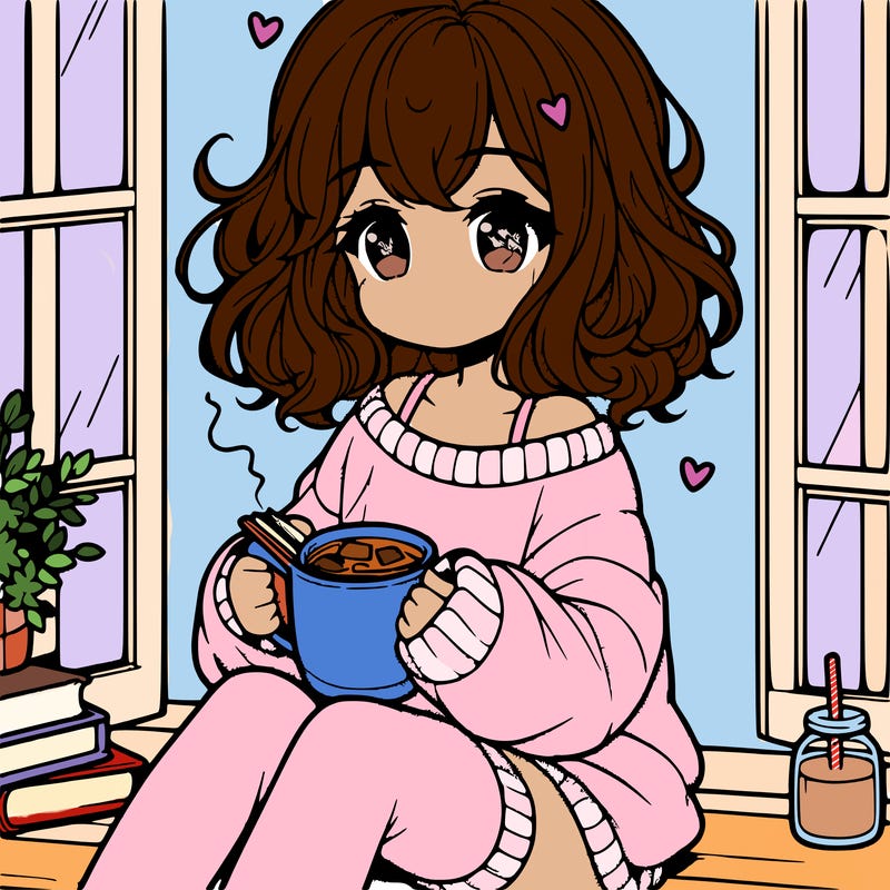 cute anime girl reading book and drinking hot chocolate from mug with loose wavy hair wearing a baggy sweatshirt and shorts sitting by windowsill looking out