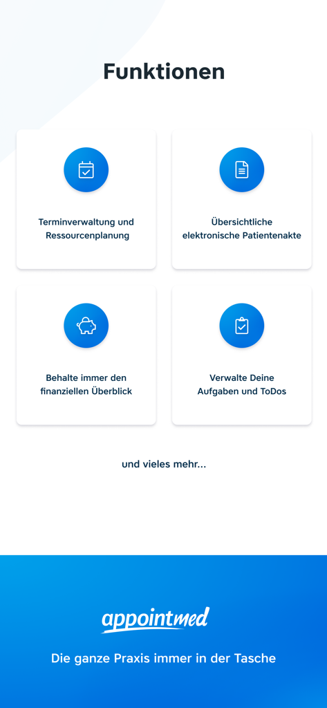 Übersicht über die Funktionen derappointmed-Praxisverwaltung, einschließlich Terminplanung und Patientenakten