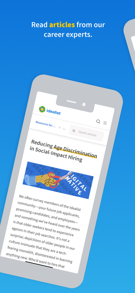 Idealist Job Search - Idealist app interface showing a career advice article titled Reducing Age Discrimination in Social-Impact Hiring